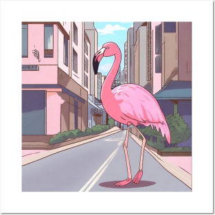 flamingo walking in the city street Posters and Art